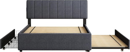 Queen Size Upholstered Platform Bed w/Trundle Bed & 2Storage Drawers | Twin Size Trundle,Two Drawers,LED Lighting Controlled by APP, USB+Type-C Charging Ports,Linen Upholstered Bed Frame,Dark Grey