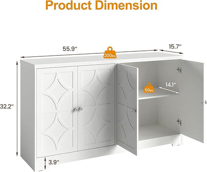 RoyalCraft Sideboard Buffet Cabinet with Storage, 56" Modern Sideboard with 4 Carved Doors, Large Wood Coffee Bar Console Table for Kitchen, Dining Room, Entryway, Living Room, Satin White