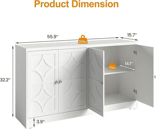 RoyalCraft Sideboard Buffet Cabinet with Storage, 56" Modern Sideboard with 4 Carved Doors, Large Wood Coffee Bar Console Table for Kitchen, Dining Room, Entryway, Living Room, Satin White
