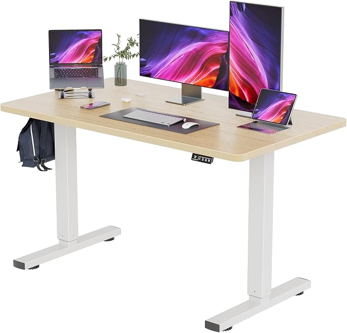 YESHOMY Height Adjustable Electric Standing Desk, 55 inch Computer Table, Home Office Workstation, White Leg/Natural Top