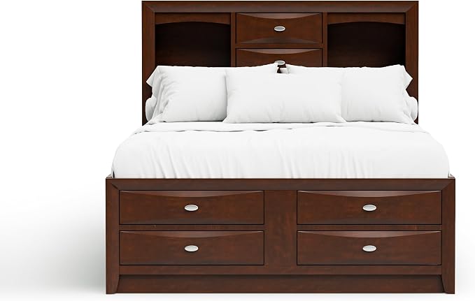 Furniture of America Darius Transitional Solid Wood 3-Piece Queen Platform Bedroom Set with Drawers, Bookcase Headboard and Knob Pulls, Mattress Ready, Dark Cherry
