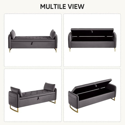 65" End of Bed Storage Bench, Modern Storage Benches for Foot with Tufted Button and Gold Legs, Upholstered Window Bedroom Benches with Armrests, Dark Grey