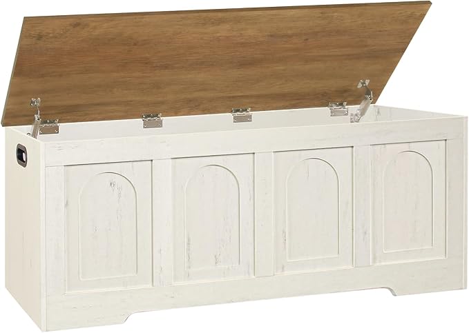DINZI LVJ Storage Chest, 47.2”Wooden Storage Bench with 2 Safety Hinges, Farmhouse Toy Box with Flip-Top, Large Trunk for Living Room, Bedroom, Easy Assembly, Honey Brown and Rustic White
