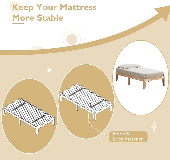 COSTWAY Twin Size Platform Bed Frame, 14 Inches Solid Rubber Wood Bed Mattress Foundation with Sturdy Slats Support, Easy Assembly Bed Frame for Home Hotel, No Box Spring Needed (Natural, Twin)