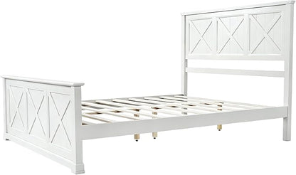 Farmhouse 4-Pieces Bedroom Sets, Queen Size Platform Bed with 2 Nightstands and 4-Drawer Storage, Wooden Bed Frame with Headboard and Footboard, Retro Queen Size Bedroom Set (White-4.13)