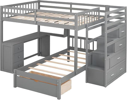 MERITLINE Full Over Twin L Shaped Bunk Bed with Stairs and Desk,Solid Wood L-Shaped Bunk Bed with Storage Drawers,Shelves,Ladder,Headboard and Guardrail,No Box Spring Needed (Grey)