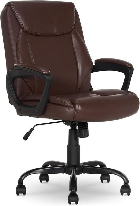 Amazon Basics Classic Puresoft PU Padded Mid-Back Office Chair with Armrest, Height Adjustable, Wheels, 25.75"D x 24.25"W x 42.25"H, Brown