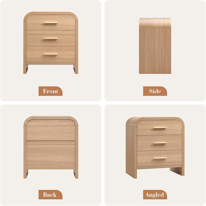 Night Stand Set of 2 [Unique Curved Profile] [FSC-Certified Wooden Board] 3-Drawer Nightstand 26.7" H Metal Handle Modern Sturdy Bedside Table Side Table End Table