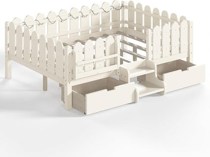 Bellemave Full Size Montessori Bed with Stairs, Lights, Rails and Slats, Full Size Montessori Floor Bed with Bookshelf and 2 Storage Drawers, Easy Assemble Beds Frame for Girls, Boys, Beige