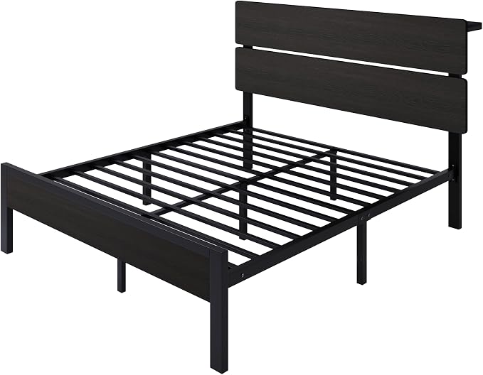 SHA CERLIN Queen Size Bed Frame with Led Light & Built-in Charging Station, Wooden Headboard with Storage Shelf, Metal Platform Bed, Under Bed Storage, No Box Spring Needed, Noise Free, Black
