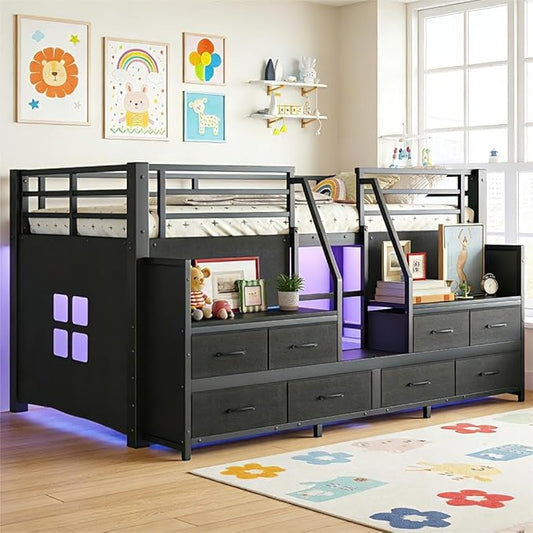Bellemave Low Loft Bed Twin Size with Storage Shelves & Fabric Drawers, Metal Twin Loft Bed for Kids with LED Lights & Under-Bed Play Area, Low Loft Bed Frame for Bedroom, No Box Spring Needed, Black