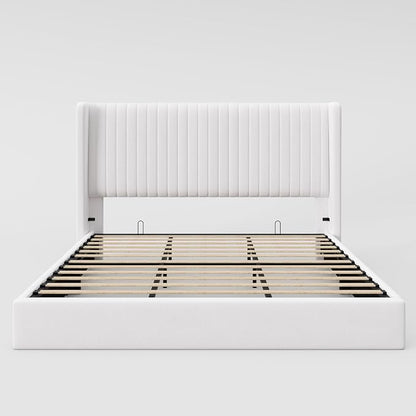 Allewie King Size Lift Up Storage Bed Frame, Hydraulic Support System, Upholstered Platform Bed Frame, Underneath Storage, Vertical Channel Tufted Headboard with Wingback, No Box Spring Needed, White