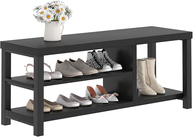 EXCEFUR Shoe Bench, Rustic Wooden Storage Bench for Entryway Hallway, Industrial Indoor Shoe Rack Bench Seat for Living Room Bedroom, 43.3 Inch Black