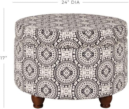 Homepop Home Decor | Upholstered Round Storage Ottoman | Ottoman with Storage for Living Room & Bedroom, Black and White Medallion Large