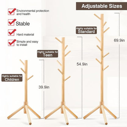 WANGMUXIA 2 PCS Coat Rack, Freestanding Coat Rack with 8 Hooks and 3 Adjustable Size Tree Coat Racks for Bedroom, Hallway, Entrance, Office, for Hats, Coats, Scarves, Handbags