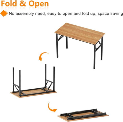Need 31.5 Inch Folding Desk for Small Spaces, Home Office Computer Desk with Teak Wood Top & Black Frame, Foldable Writing Table for Study, Bedroom, Dorm Room & Student