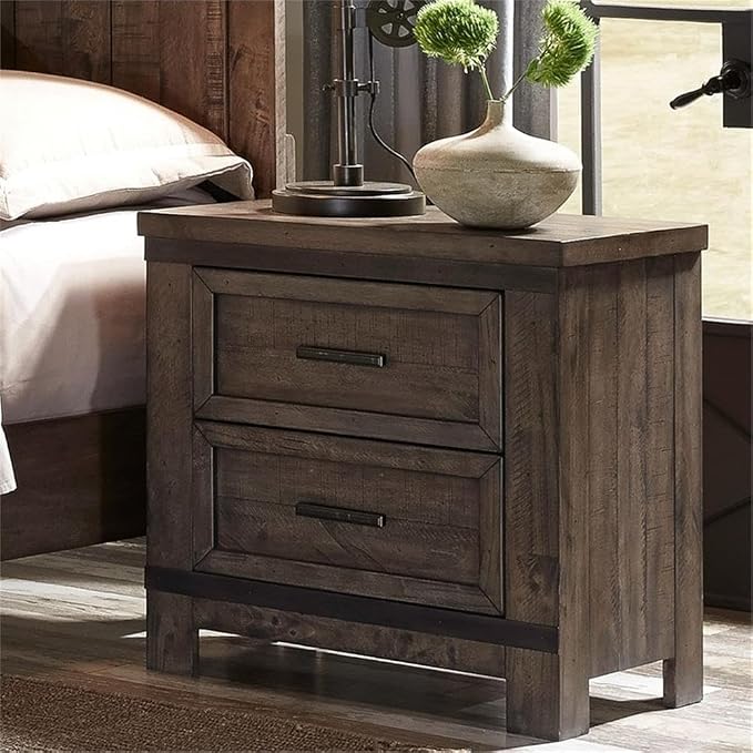 Pemberly Row 4-Piece King Bedroom Set, Rubberwood and Mango Veneers, Rock Beaten Grey Finish with Saw Cuts, Includes Panel Bed, 8-Drawer Dresser with Mirror, 2-Drawer Nightstand, Industrial Style