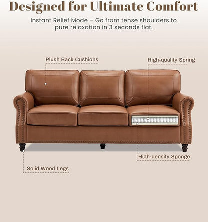 Kingfun 3 Seater Sofa, Mid-Century Modern Faux Leather Couch Set for Living Room, Brown with Rolled Arms & Nailhead Trim, Easy Assembly