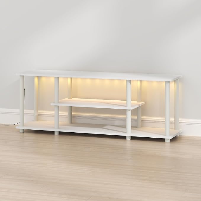 Furinno Turn-N-Tube TV Stand with LED Lights, 3-Tier No Tools 3D Entertainment Center, TV Console for TV up to 50 Inch, for Living Room, Bedroom, White