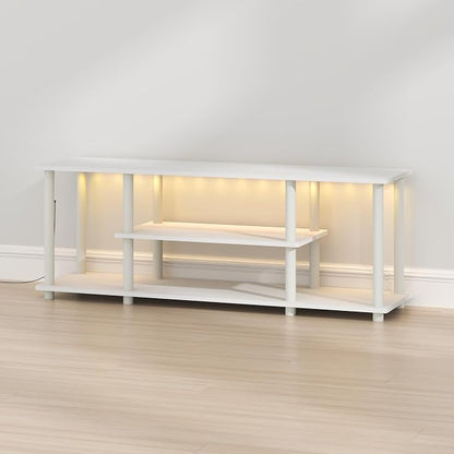 Furinno Turn-N-Tube TV Stand with LED Lights, 3-Tier No Tools 3D Entertainment Center, TV Console for TV up to 50 Inch, for Living Room, Bedroom, White