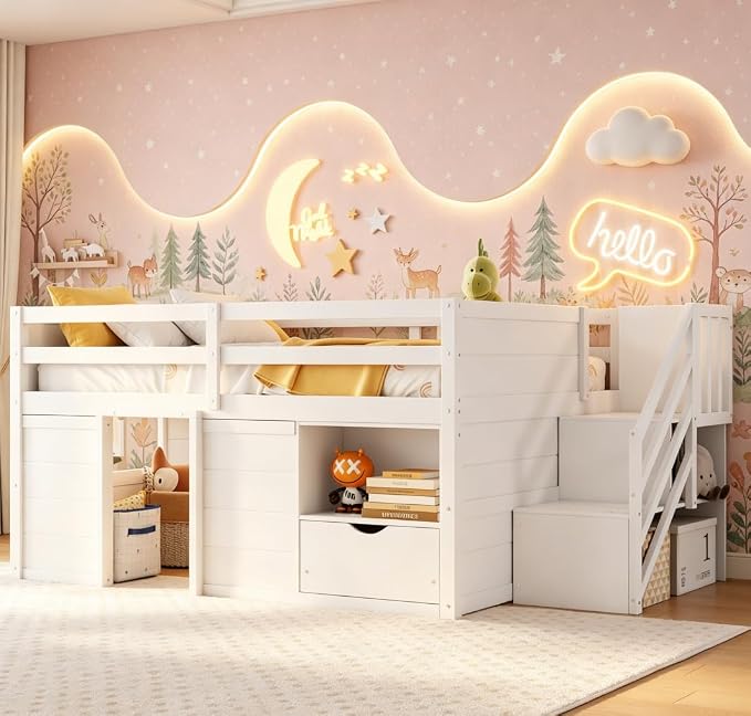 Bellemave Full Size Low loft Bed for Kids,Wood Loft Beds,Modern Farmhouse Full loft Bed,Loft Bed with Desk and Storage, No Box Spring Needed,for Kids, White and Natural