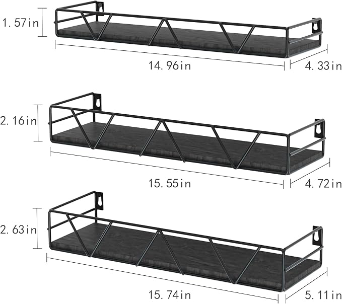 Amaoot Floating Shelves Set of 3, Home Wood Wall Shelf, Farmhouse Shelf for Bedroom, Wall Mounted Floating Shelf for Living Room, Bedroom, Bathroom, Kitchen, Office (Black 2)