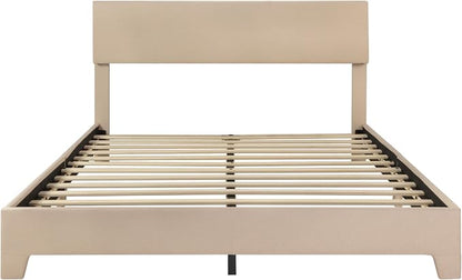 SHA CERLIN Linen Upholstered Full Size Bed Frame with Headboard, Beige | Adjustable Low-Profile Platform Bed, Minimalist Design, Stable Mattress Foundation, Strong Back-Support, No Box Spring Needed