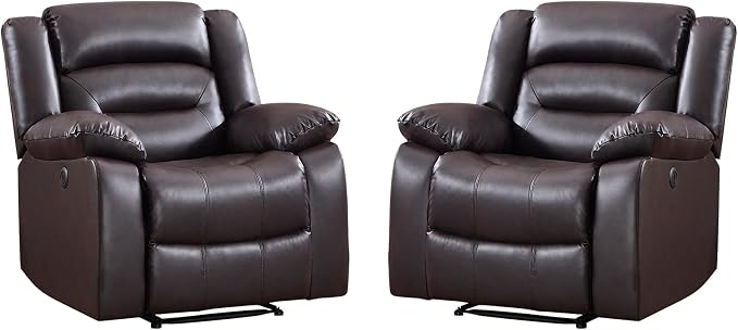 EBELLO Classic Power Recliner Chair, Faux Leather Oversized Electric Overstuffed Chair with Thicked Cushion and Back, Single Sofa with Comfortable Armchair, Brown, 2Pcs
