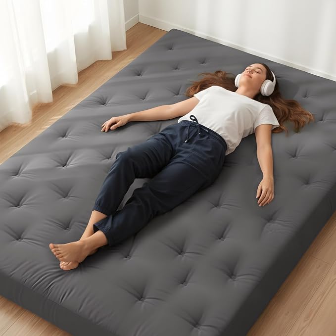 ZonLi Japanese Floor Futon Mattress King Size 76"x 80"100% Cotton Cover 6'' Thicken Tatami Mattress,Foldable Sleeping Pad,Portable Dormitory Tatami Mat,Roll Up Floor Lounger Bed for Adult (Grey)
