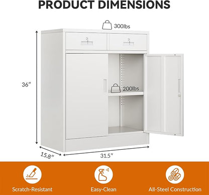BESFUR Metal Garage Storage Cabinet with Two Lockable Drawers 2 Locking Doors and an Adjustable Shelf, 36" White Metal Short Storage Cabinet for Home Office, Garage,School,Utility Room