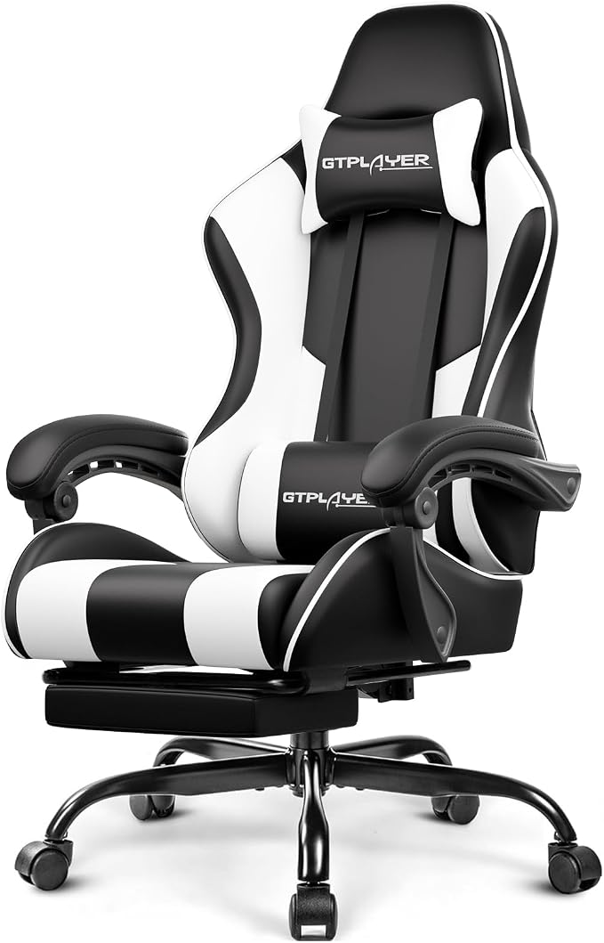 GTPLAYER Gaming Chair, Computer Chair with Footrest and Lumbar Support, Height Adjustable Game Chair with 360°-Swivel Seat and Headrest and for Office or Gaming (White)
