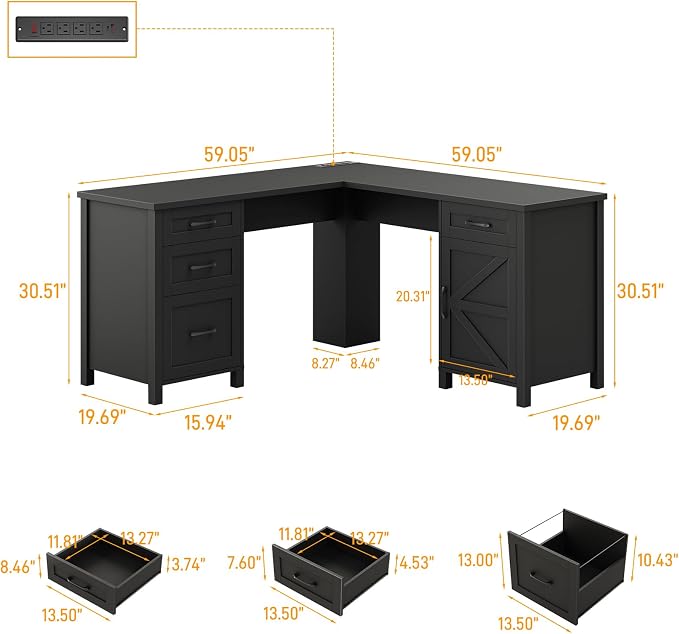 Halitaa 59” L Shaped Executive Desk with Power Outlets, Farmhouse Home Office Desk with File Drawer,Storage Cabinet, Wood Corner Sturdy Writing Workstation.Black