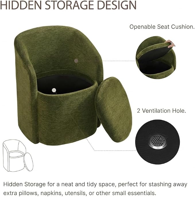 KISLOT Upholstered Dining Chairs with Casters, No Assembly Rolling Modern Dining Room Chairs with Hidden Storage & Barrel Backrest, Accent Chair for Bedroom, Living Room, Dressing, Green, Set of 2