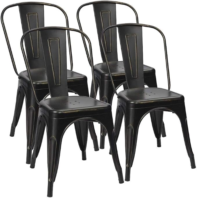Furmax Metal Dining Chair Indoor Outdoor Use Stackable Chic Side Classic Trattoria Metal Chairs Set of 4 for Kitchen, Dining Room, Bistro and Cafe (Gold Black)