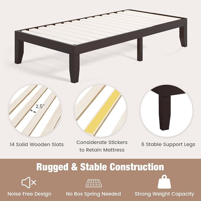 Giantex 14 Inch Twin Wood Platform Bed Frame, Minimalist Mattress Foundation with Solid Rubber Wood, Heavy Duty Wood Slat Support, Without Headboard, Easy Assembly, No Box Spring Needed, Espresso