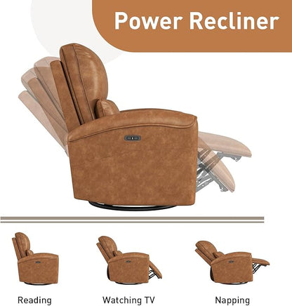 Bonzy Home Power Swivel Rocker Recliner Chair with USB Port, 23.2" Wide Seat, Fixed Lumbar Support, Upholstered Glider Chair for Nursery Living Room, Brown