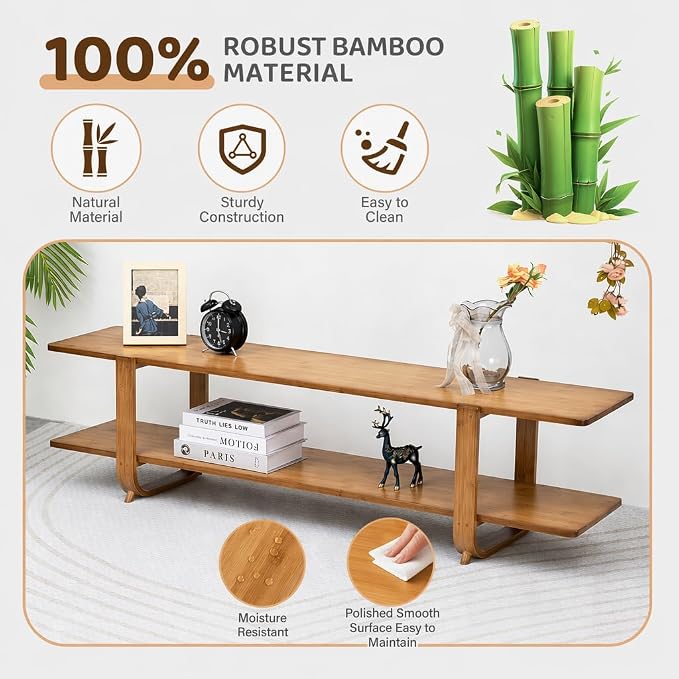 HollyHOME Bamboo TV Stand with Storage for TVs up to 65'', Modern Entertainment Center with 2 Open Shelf, Accent TV Media Console Table for Living Room, Bedroom, 55"(L), Walnut