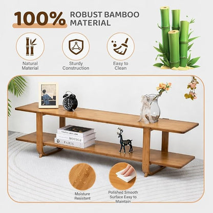 HollyHOME Bamboo TV Stand with Storage for TVs up to 65'', Modern Entertainment Center with 2 Open Shelf, Accent TV Media Console Table for Living Room, Bedroom, 55"(L), Walnut