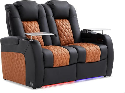 Weilianda Home Theater Seating Top Grain Leather Zero Gravity Recliner Chair Power Headrest Recline Movie Seat Gaming 7 Colors Mood Light Sofa with Tray Table Row of 2 Loveseat Black Camel