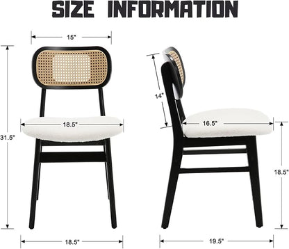 ROCITY Black Rattan Dining Chairs Set of 2 Lambswool Dining Room Chairs Natural Wooden Kitchen Chairs Farmhouse Boho