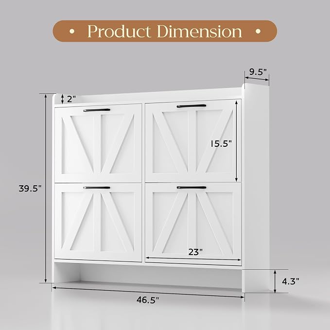 MU Shoe Storage Cabinet with 4 Flip Drawers, Freestanding Shoe Cabinet, Slim Shoe Organizer with Wood Legs for Entryway, White
