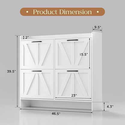 MU Shoe Storage Cabinet with 4 Flip Drawers, Freestanding Shoe Cabinet, Slim Shoe Organizer with Wood Legs for Entryway, White