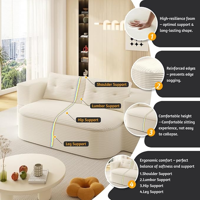 78.7" Futon Sofa Bed, 2-in-1 Foldable Sleeper Sofa, Convertible Floor Couch with Pillows, Corduroy Couch with Multi Functional Blanket Upholstered Boneless Couches for Living Room, Cream Beige