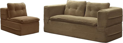 80'' Futon Sofa Bed, King Size Foldable Sleeper Sofa, Corduroy Boneless Loveseat Couch with Chaise Lounge, 3 Pillows, Blanket, Upholstered Sectional Couches for Living Room, Bedroom, Camel
