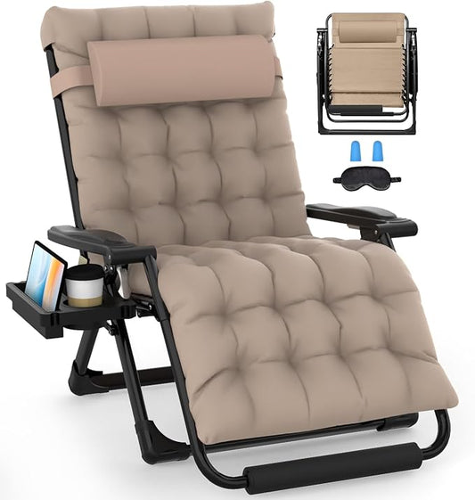 Slendor Oversized Zero Gravity Chairs XXL, Padded Zero Gravity Lounge Chair, Lawn Recliner, Folding Patio Reclining Chair w/Aluminum Alloy Lock, Headrest, Cup Holder, Support 500lbs, Khaki