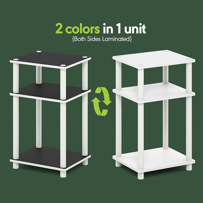 Furinno Turn-N-Tube Side Table, 3-Tier End Table with Open Shelf, Toolless Assembly Night Stand, Bedside Table, for Living Room, Bedroom, White Espresso