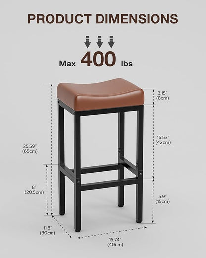 Bar Stools Set of 2-24 Inch Counter Height Chairs for Kitchen Island, Leather Seat with 400 LBS Heavy-Duty Metal Frame and Adjustable Feet, Easy to Assemble for Bar, Café or Dining Room,Brown