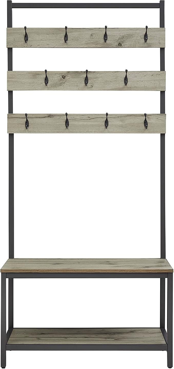Linon Shaymus Grey Metal Hall Tree with Greywashed Wood Bench and Seat Featuring Multiple Hooks