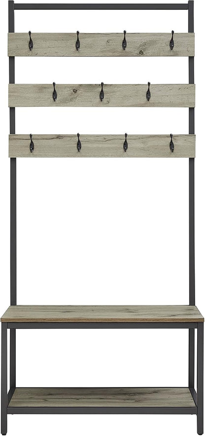 Linon Shaymus Grey Metal Hall Tree with Greywashed Wood Bench and Seat Featuring Multiple Hooks