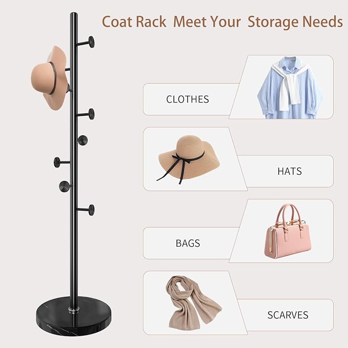 Modern Metal Coat Rack Stand, Coat Rack Freestanding with Natural Marble Base, Sturdy Heavy Duty Coat Racks with 8 Hooks, Black Coat Hall Tree Stand for Entryway, Office